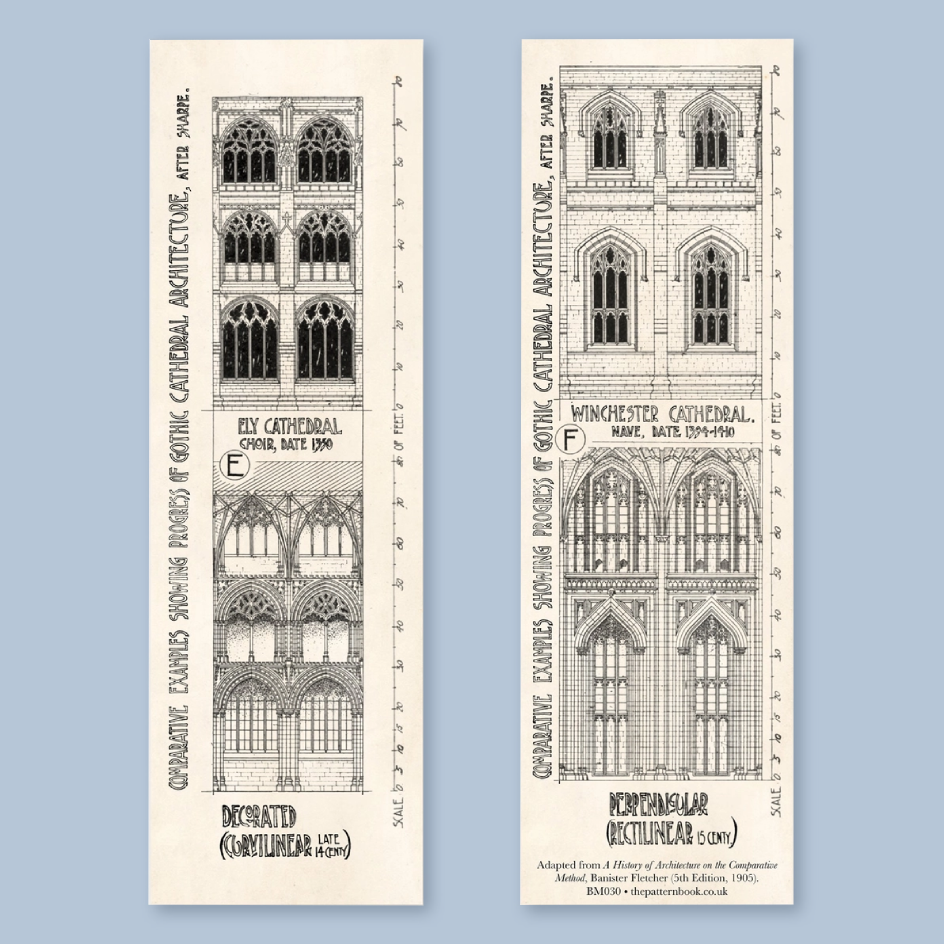 Two vintage architectural bookmarks showing detailed black ink drawings of Gothic cathedral windows, labeled Ely Cathedral and Winchester Cathedral, on a light blue background.