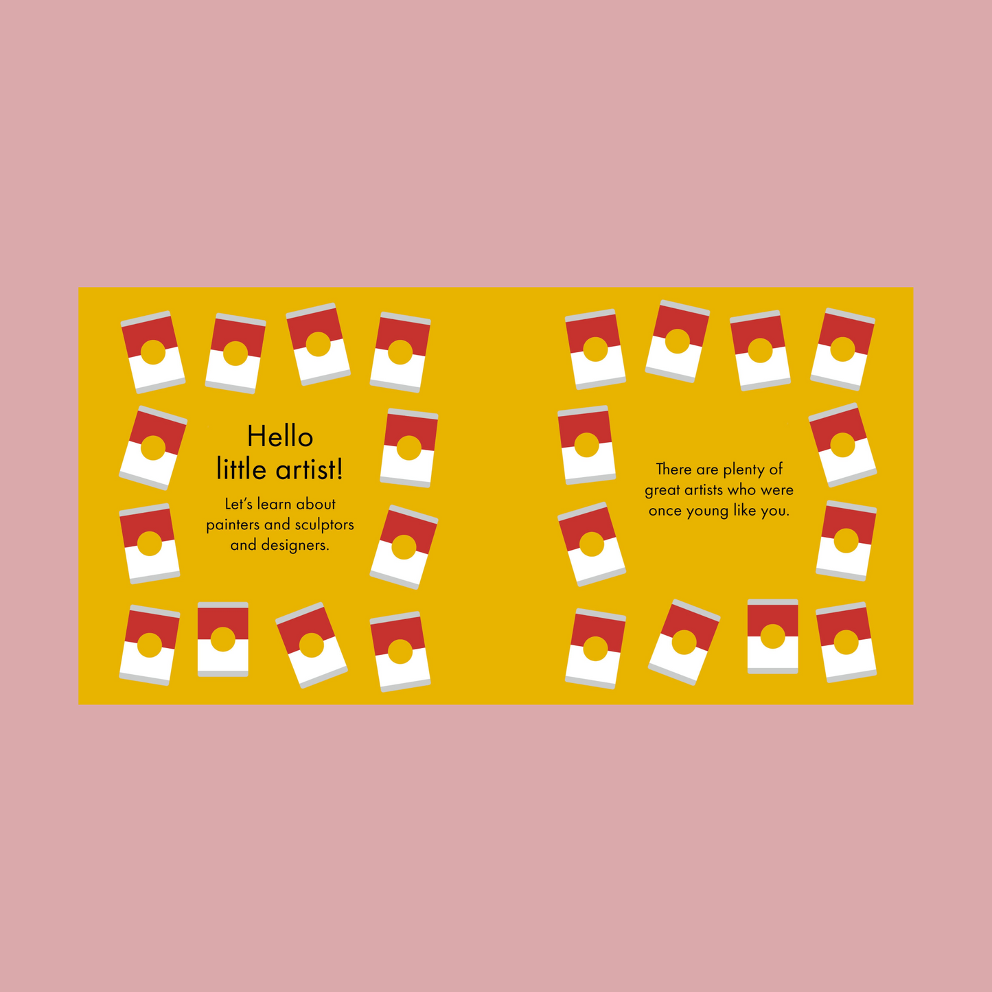 Book pages with red and white designs on a yellow background