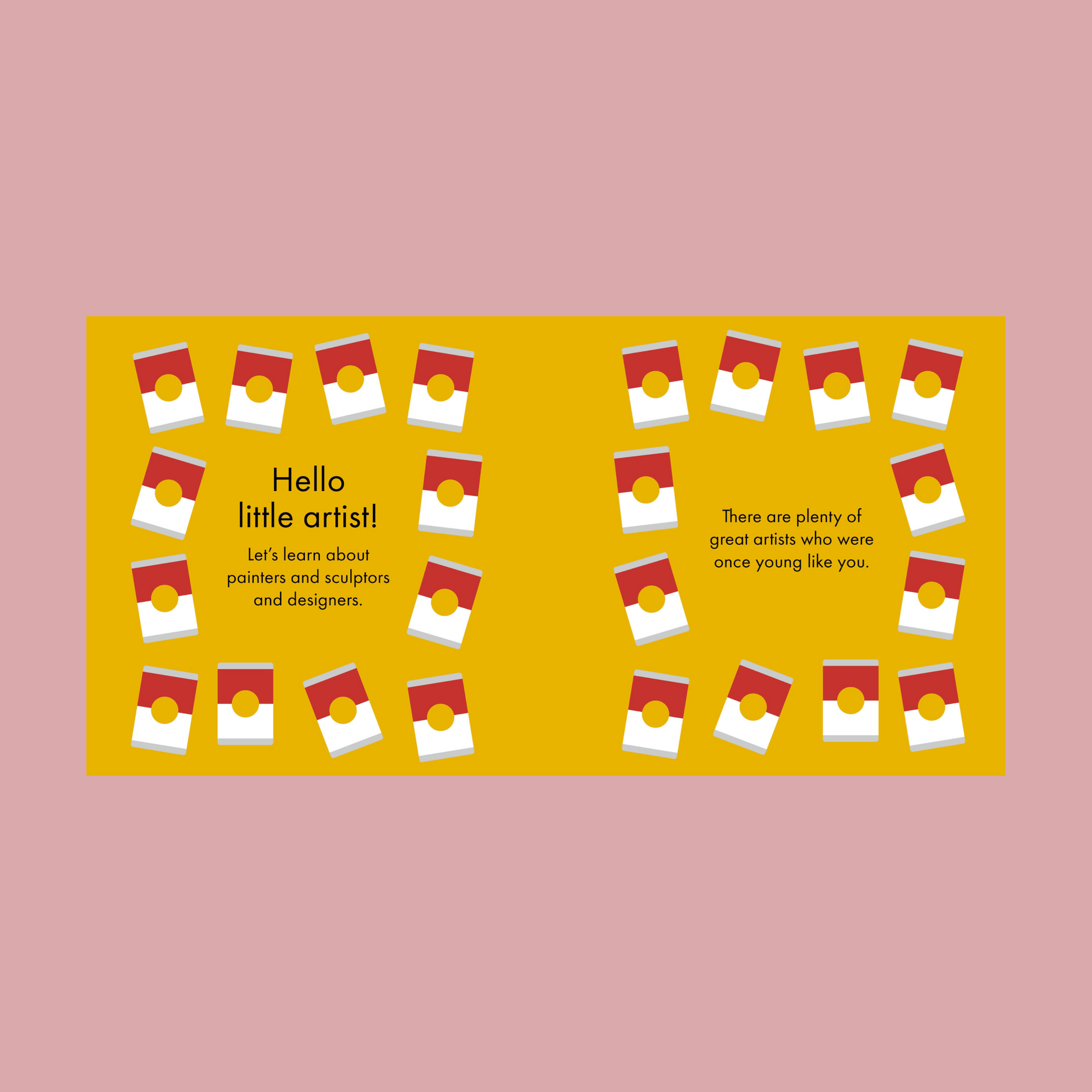 Book pages with red and white designs on a yellow background