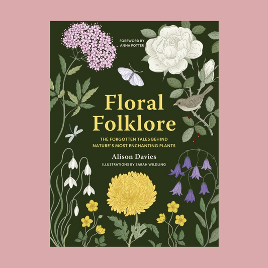Book cover of 'Floral Folklore' with illustrations of flowers and text on a dark green background