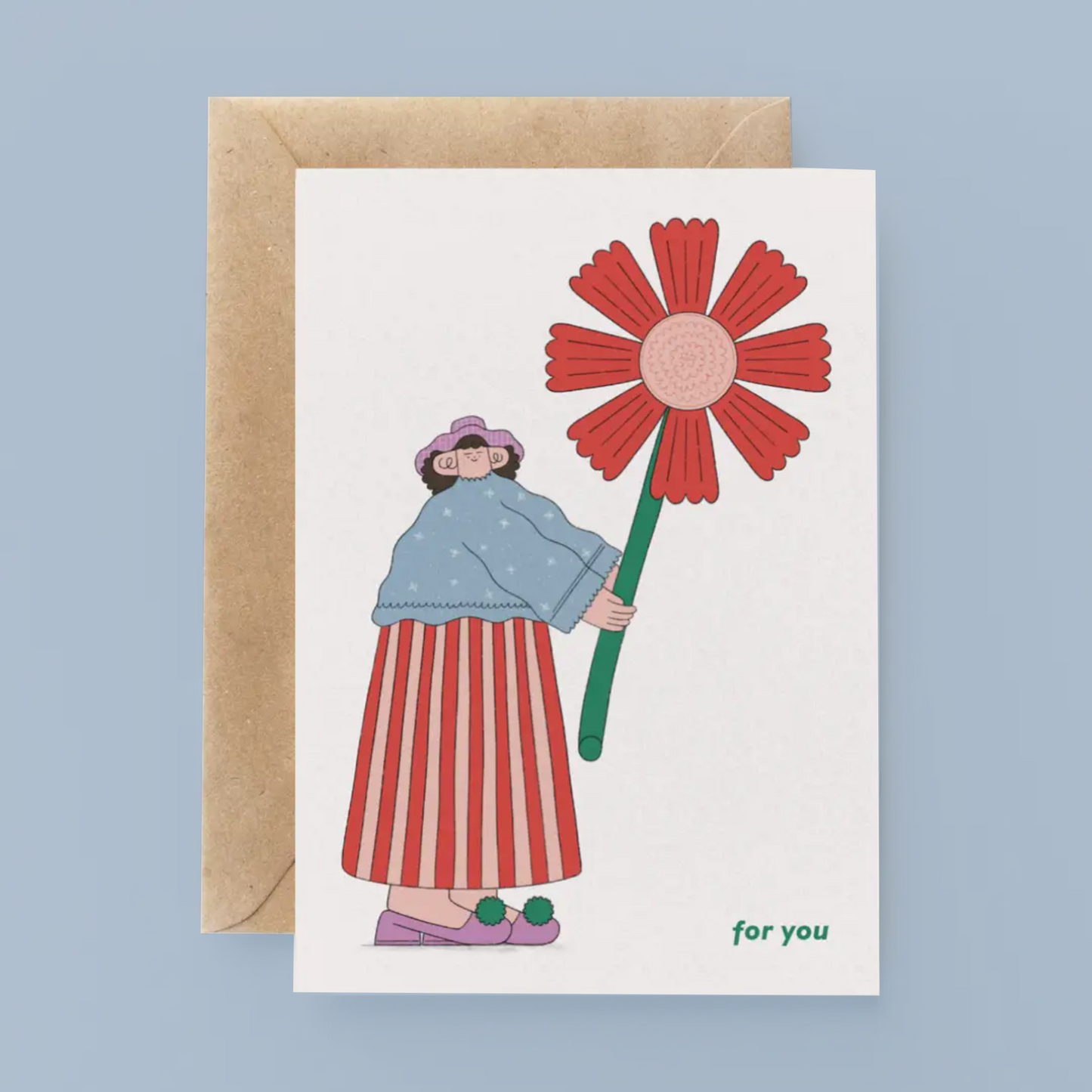 Greeting card with illustration of a person holding a large red flower, on a light blue background.
