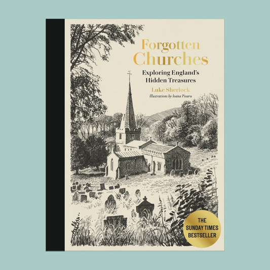 Book cover of 'Forgotten Churches' with illustration of a church and text.