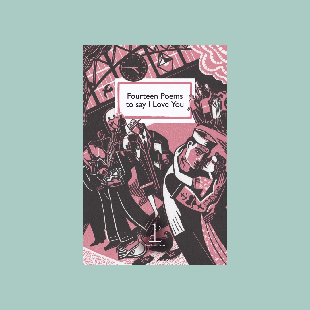 Book cover of 'Fourteen Poems to say I Love You' with black and white illustrations on a pink background.