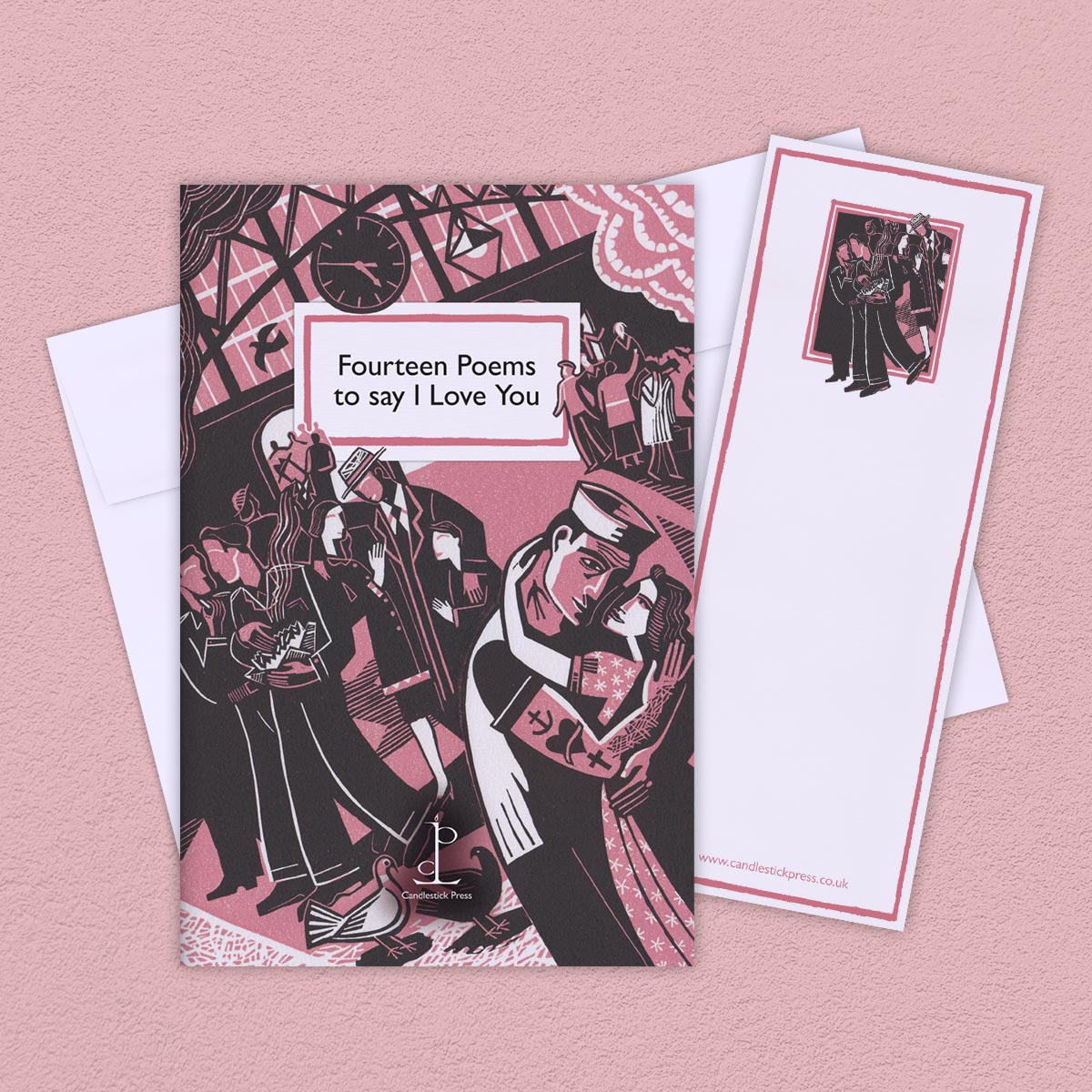 Cover of love poetry pamphlet with an illustration by Clare Curtis on a pink background