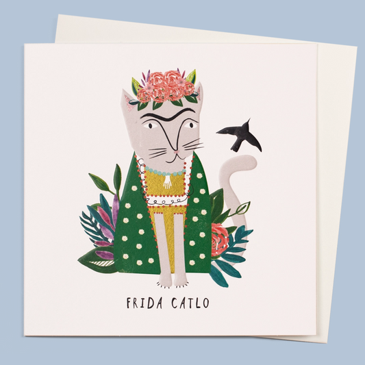 Card with a stylized cat illustration wearing a floral headpiece and polka dot dress on a light blue background.