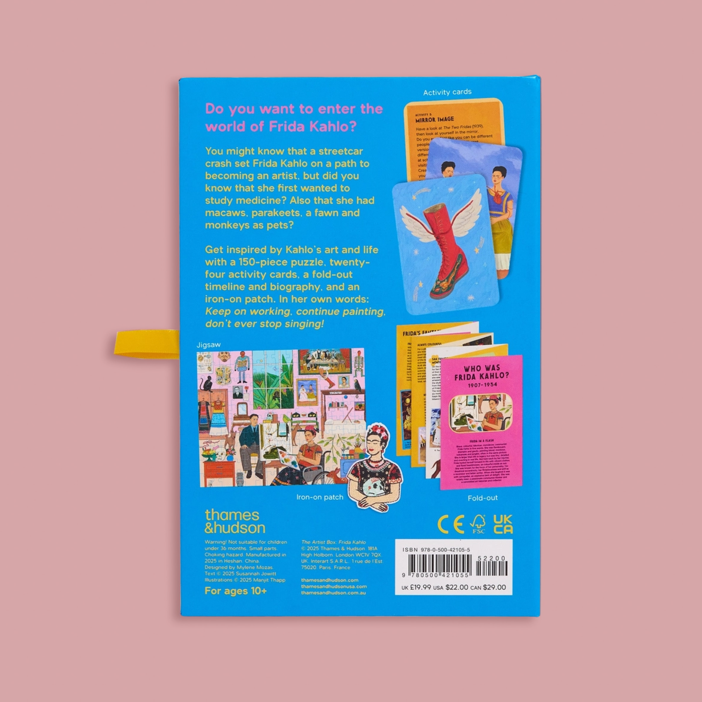 Back cover of a box with colorful illustrations and text on a pink background
