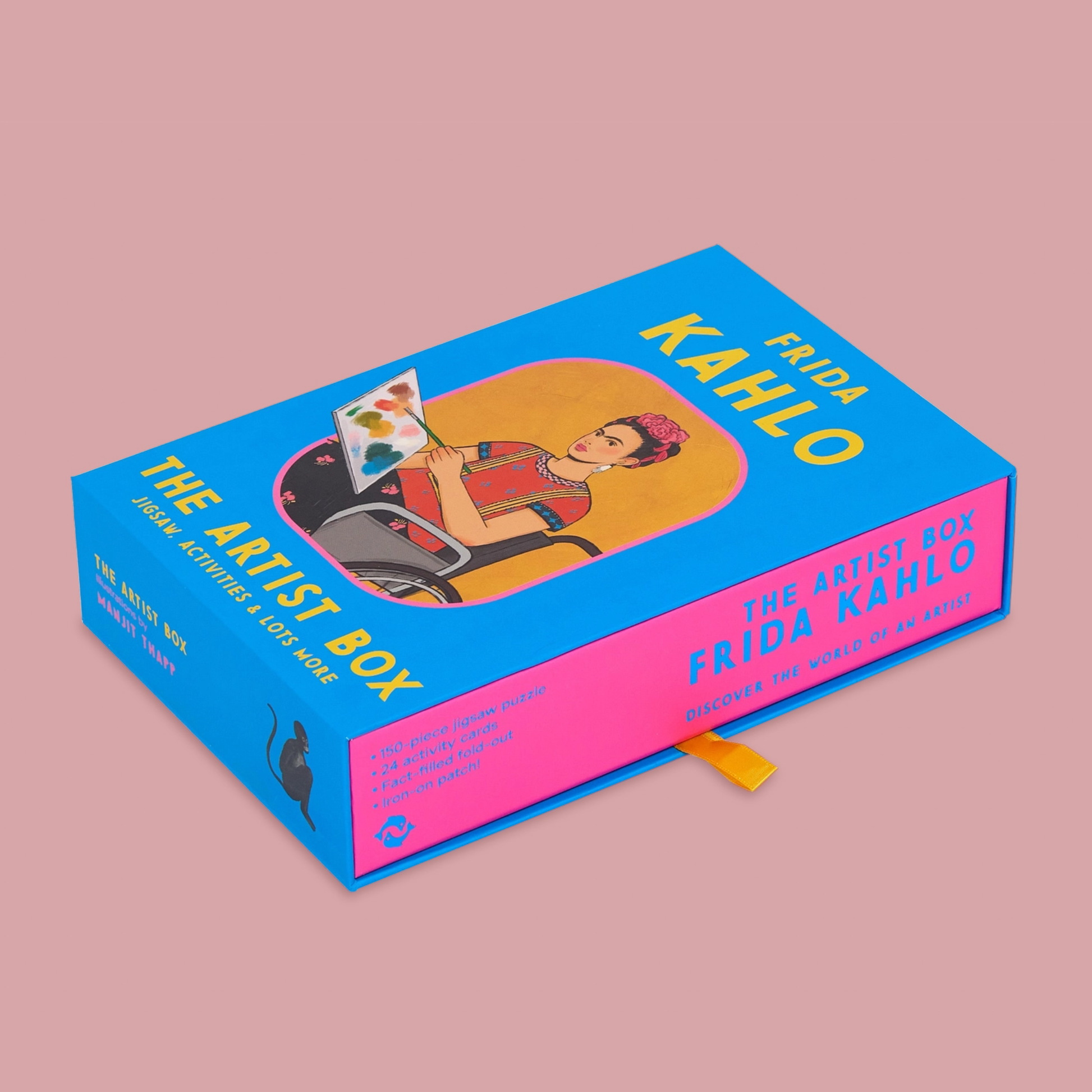 Frida Kahlo-themed product box with colorful design on a beige background