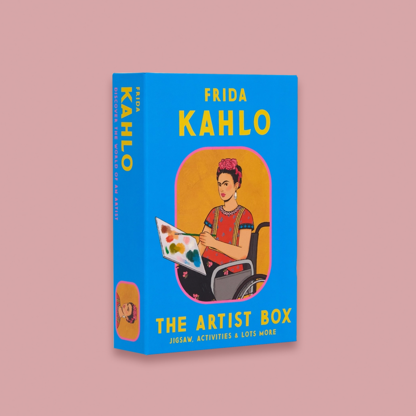 Frida Kahlo themed product box on a pink background