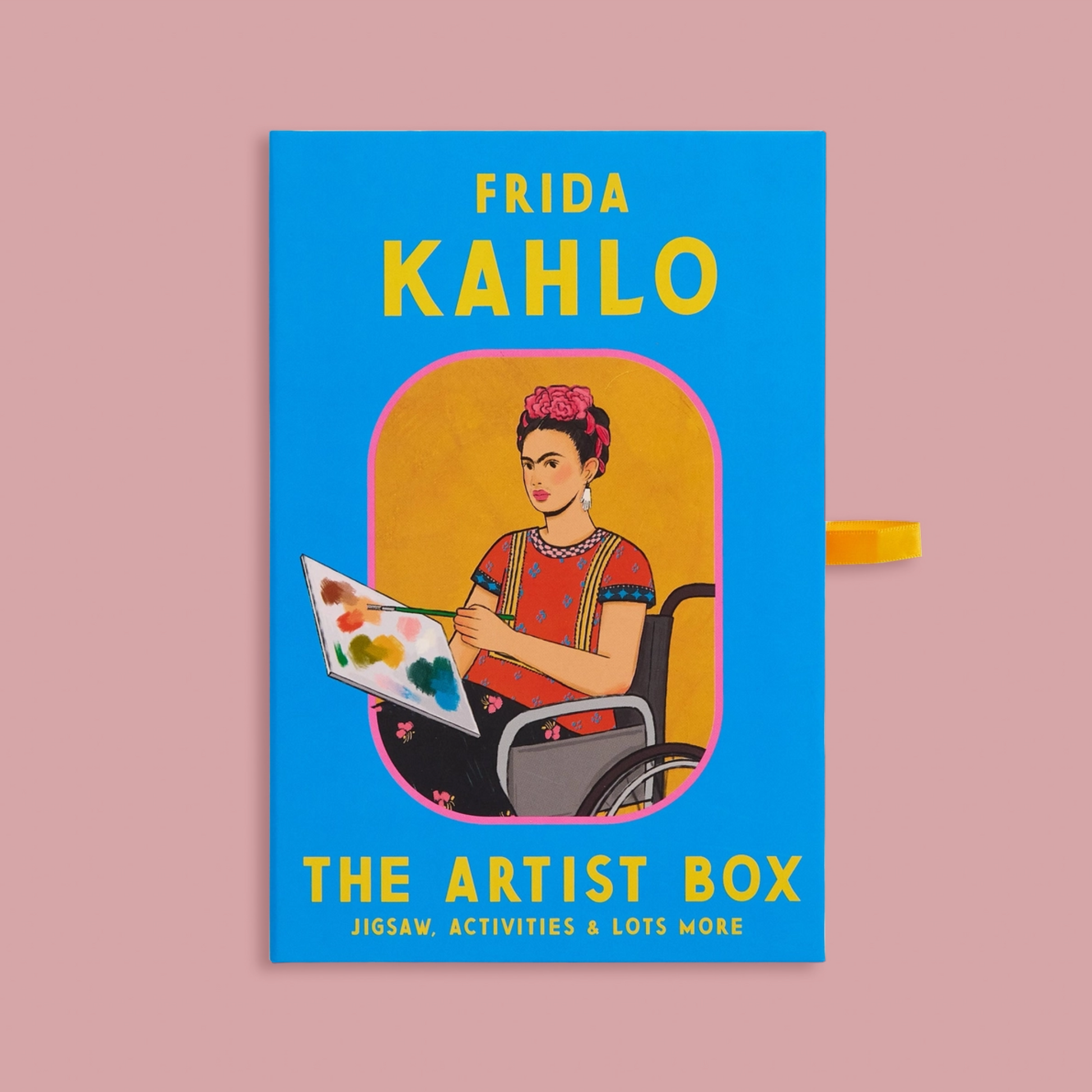 Frida Kahlo themed product box with illustration of Frida Kahlo painting on a blue background