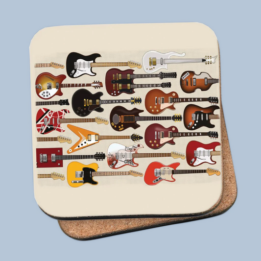 Two stacked coasters with illustrations of guitars.