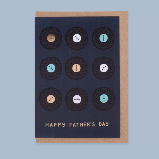 Father's Day card with vinyl record design on a blue background