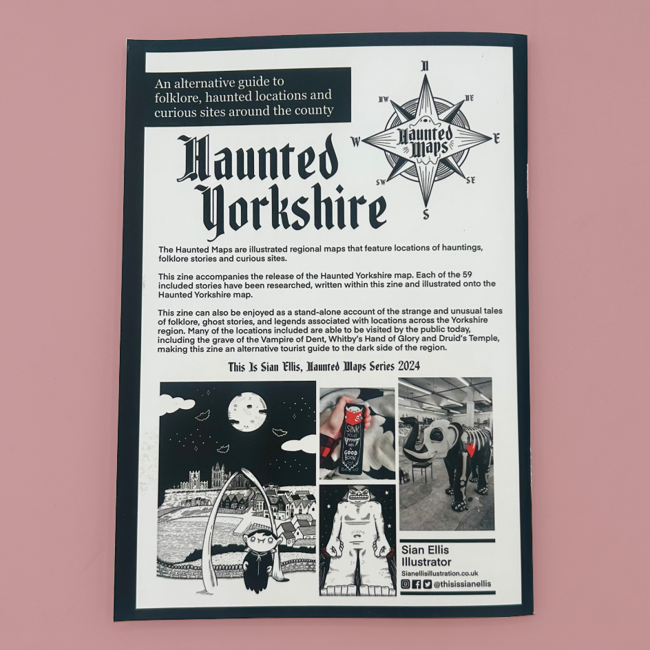 A printed booklet or guide titled 'Haunted Yorkshire' with illustrated maps and spooky scene drawings, photographed against a solid pink background.