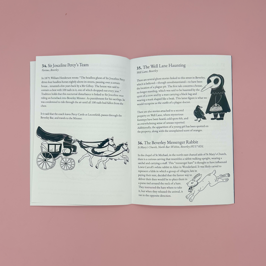 An open book spread showing three illustrated history pages with black text and drawings, photographed against a solid dusty pink background.
