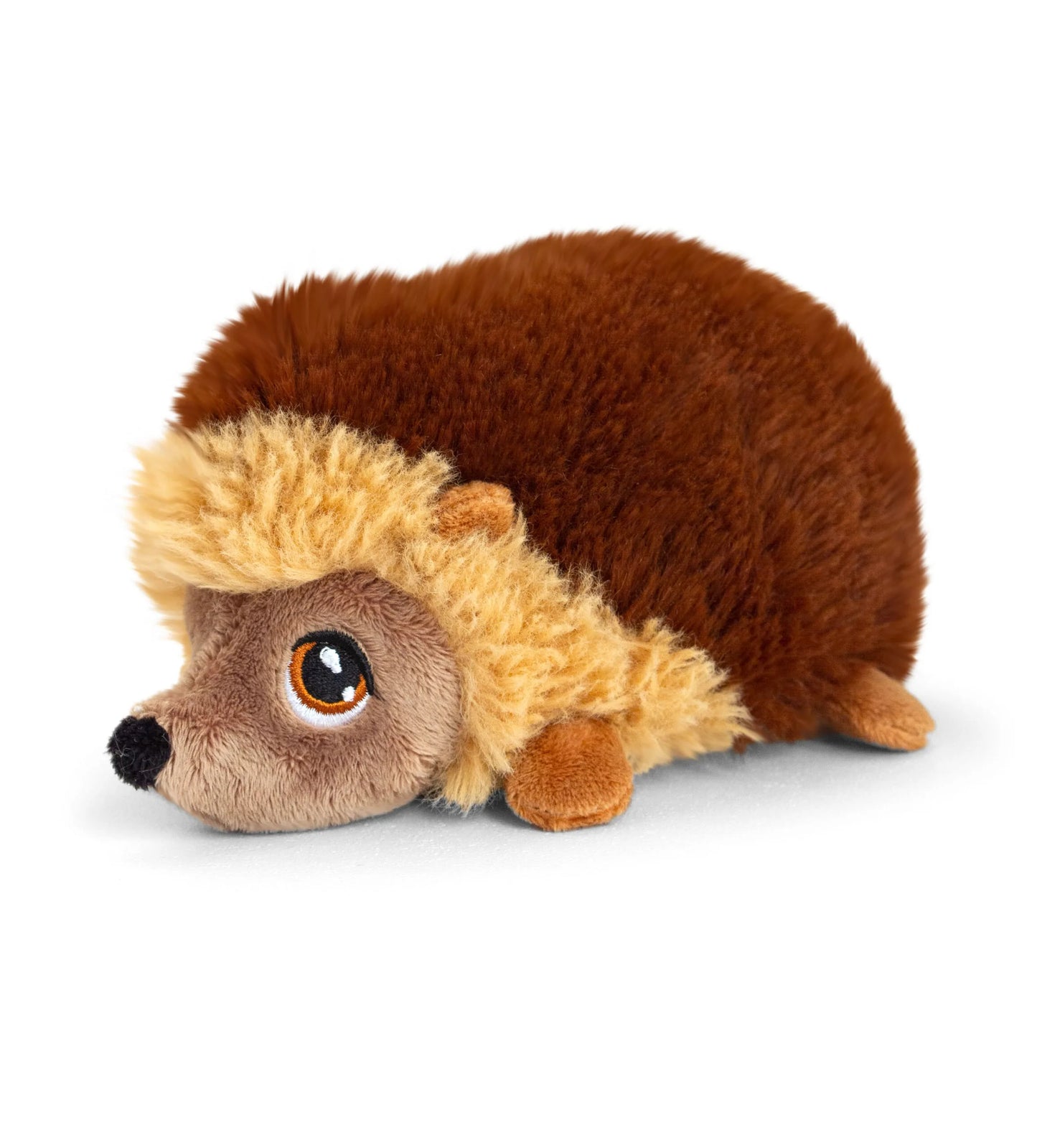 A brown plush hedgehog toy with a soft texture, designed for young children.