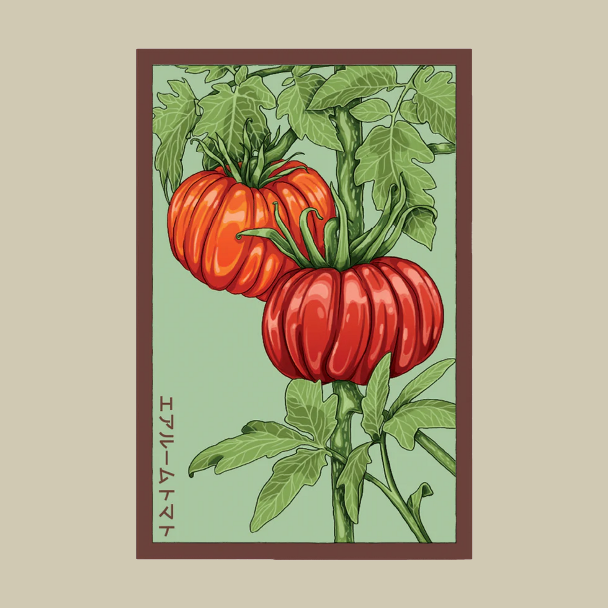 Tomato seed packet with illustration of two tomatoes on a vine with green leaves on a light green background.