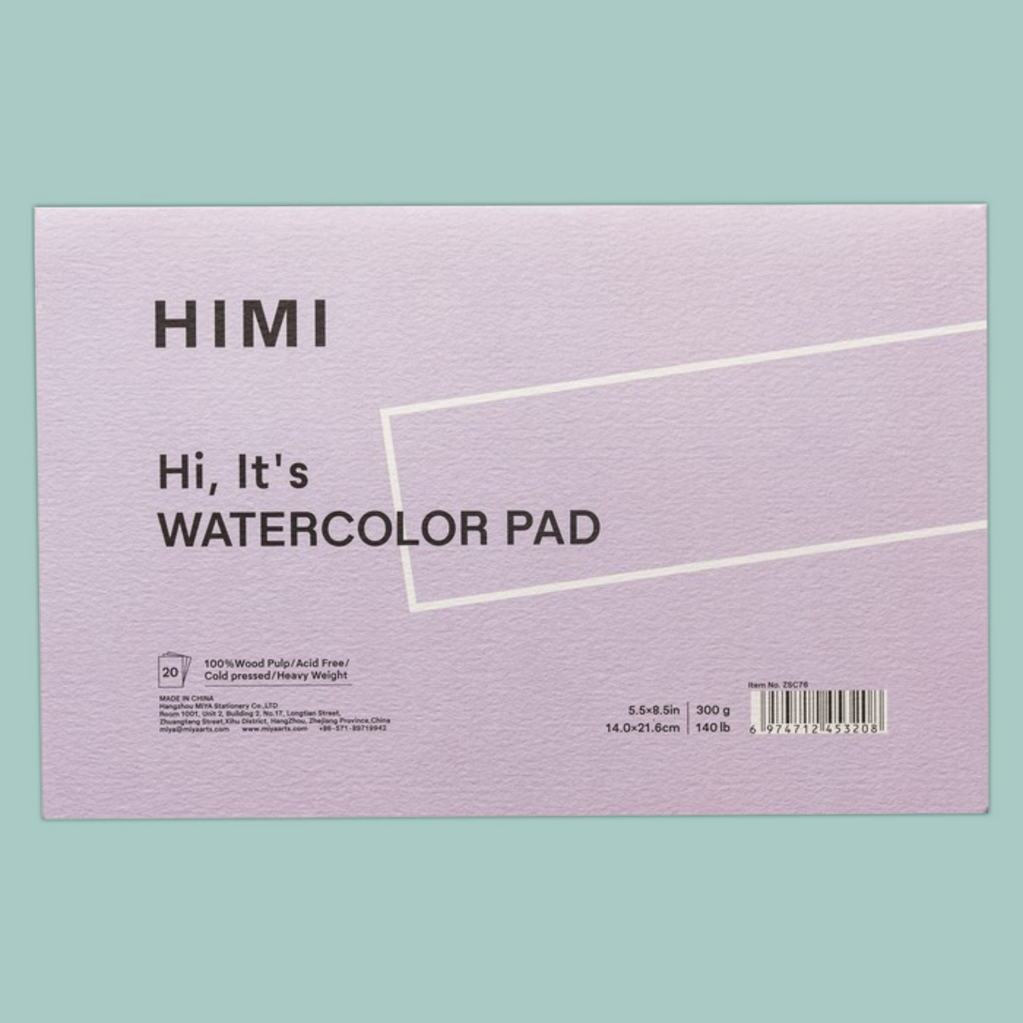 A HIMI watercolor pad with a textured lavender cover, displayed against a solid mint green background.