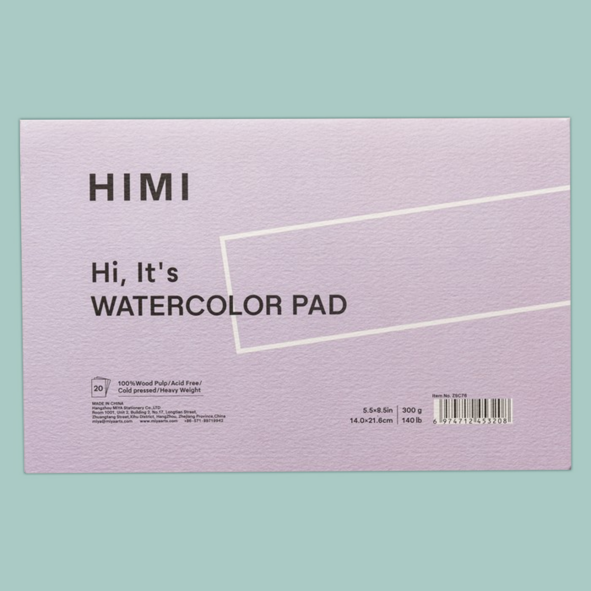 A HIMI watercolor pad with a textured lavender cover, displayed against a solid mint green background.