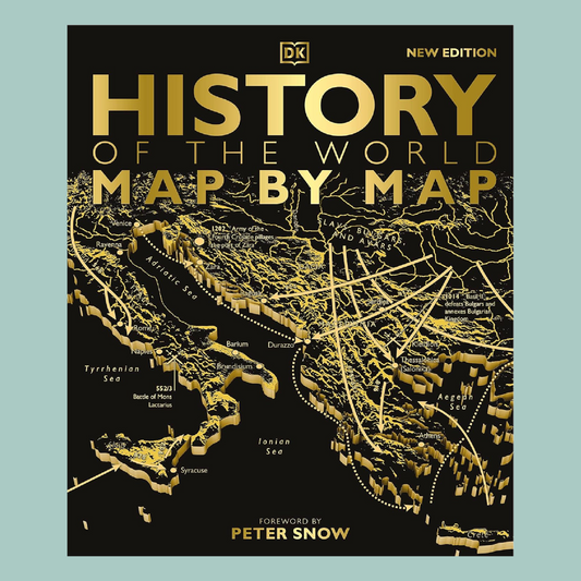 Book cover of 'History of the World Map by Map' with gold text and world map illustration on a black background.