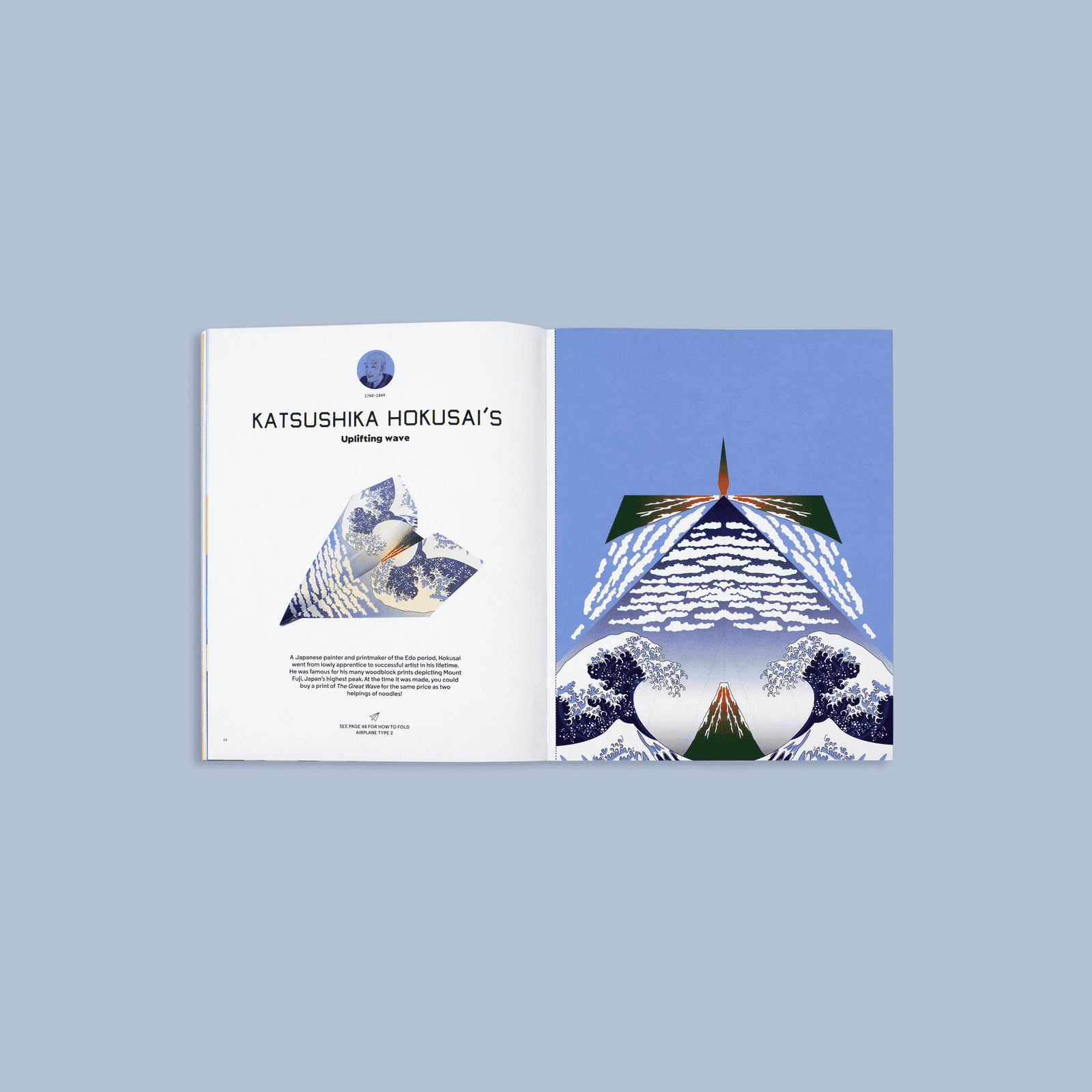 Open book with Katsushika Hokusai's artwork on a light blue background