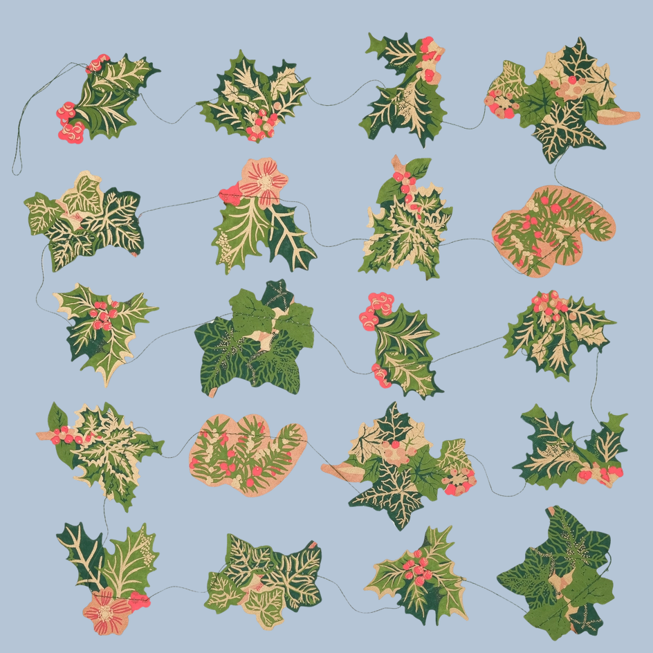 A garland of variegated green and cream holly leaves with small pink berries, arranged in a repeating pattern on a light blue background.