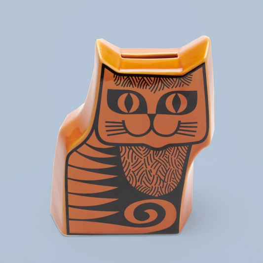 Cat shaped money box with a black and orange design. 
