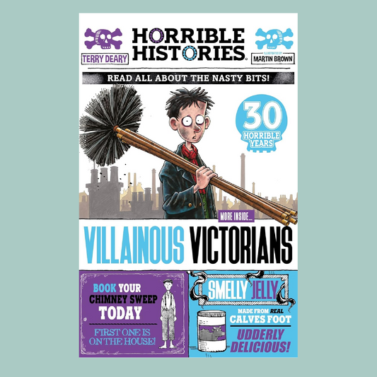 Book cover of 'Horrible Histories' with a cartoon character holding a broom and text about the book's content.