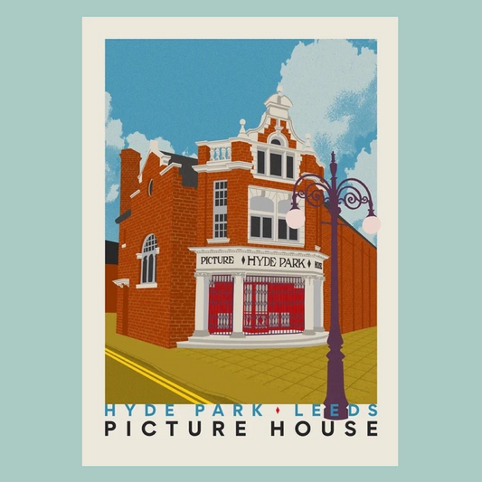 Illustration of the Hyde Park Picture House in Leeds on a light blue background