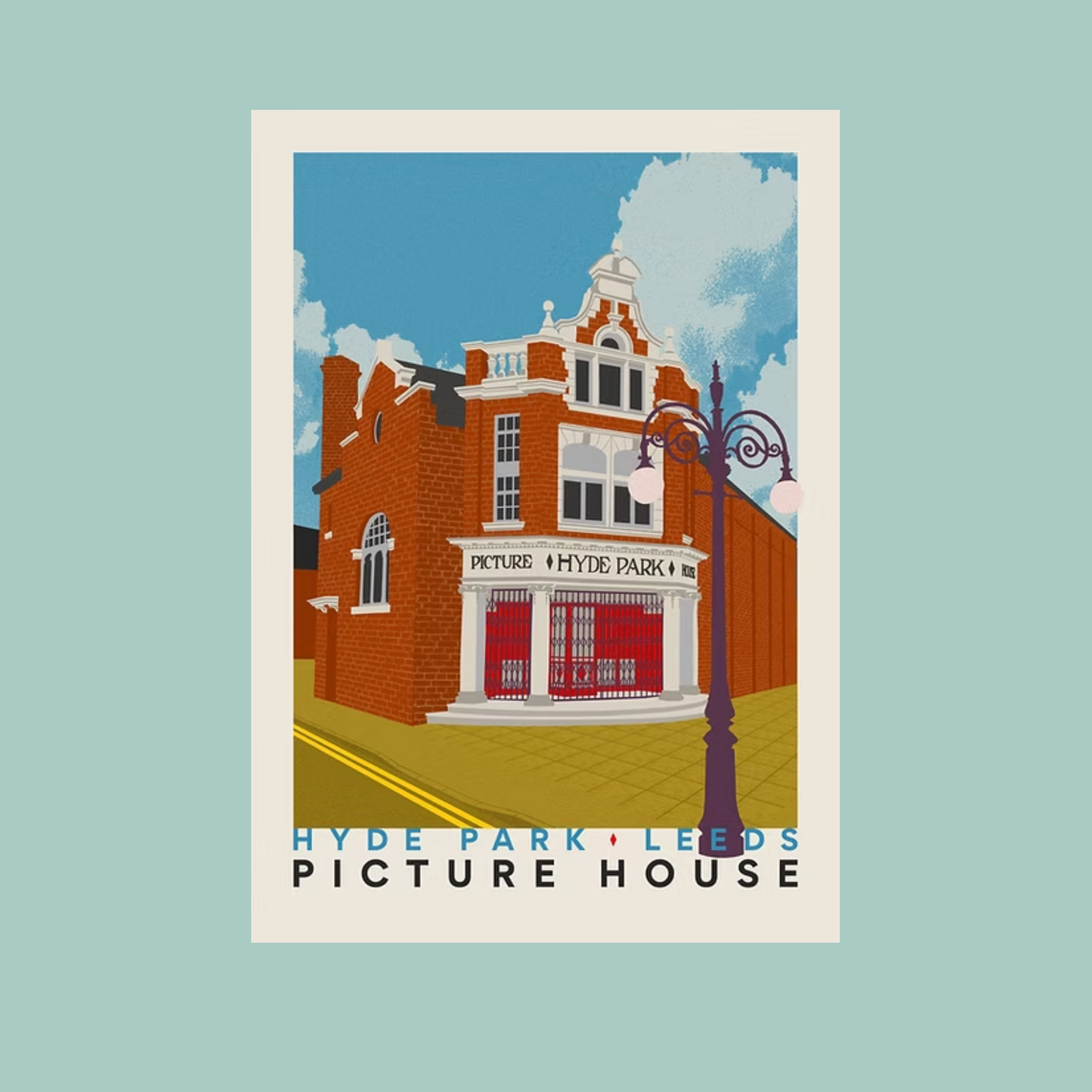 Illustration of Hyde Park Picture House in Leeds on a light blue background