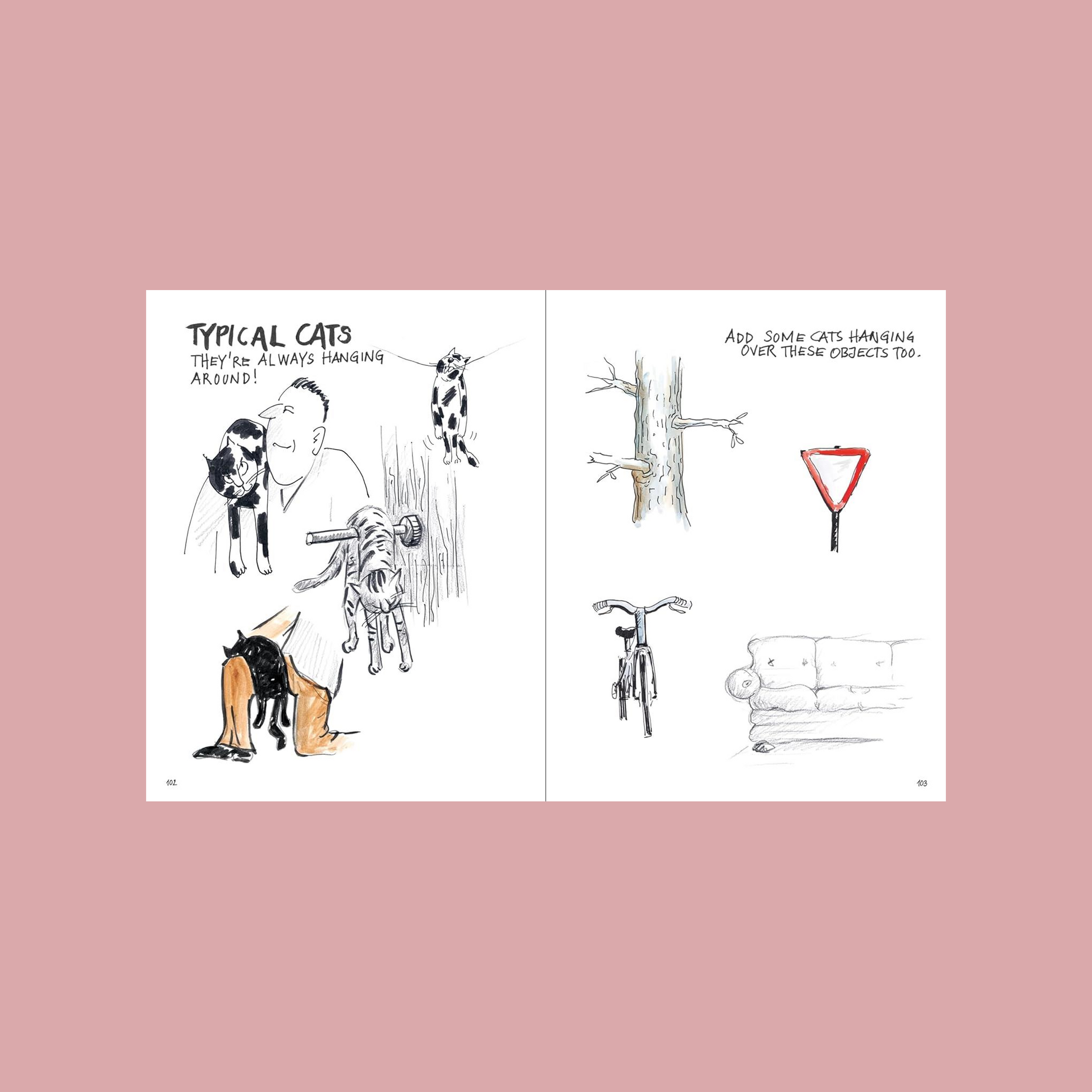 Cartoon book open to a page with illustrations and text on a pink background
