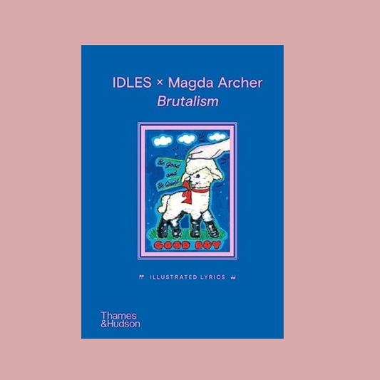 Book cover of 'Brutalism' by IDLES x Magda Archer with a blue background and illustration of a chef sheep.