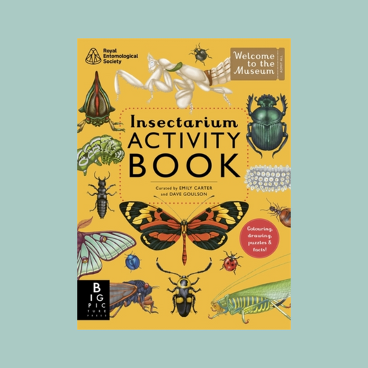 Insectarium Activity Book cover with illustrations of insects on a yellow background