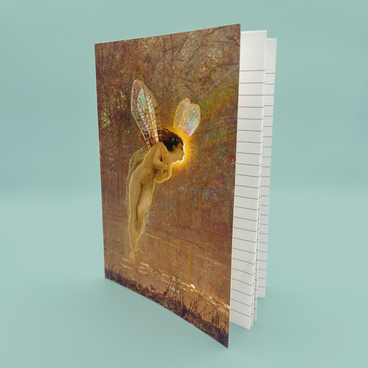 Iris by John Atkinson Grimshaw lined notebook on a teal background.