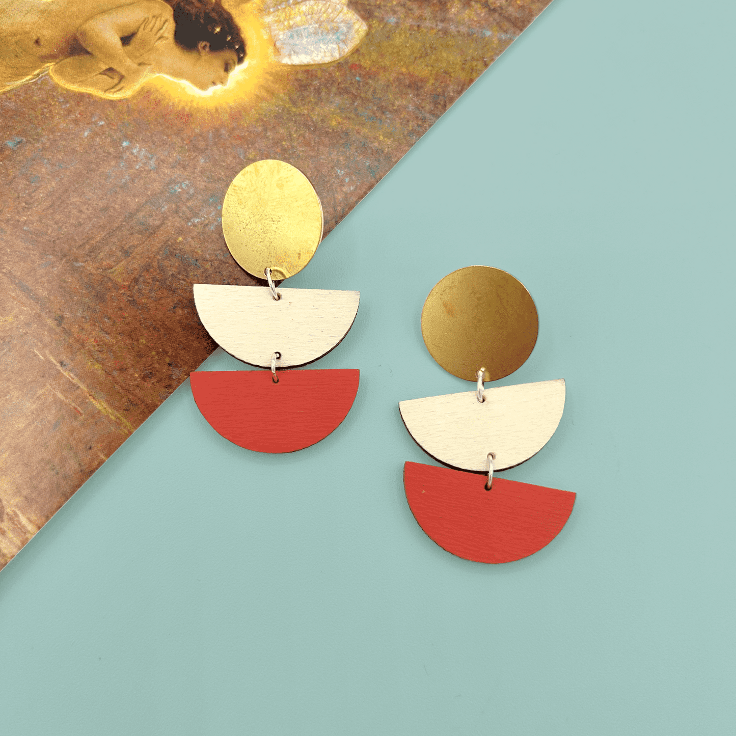 Large Brass Circle and Semi Circle Drop Earrings - Cream