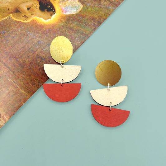 Large Brass Circle and Semi Circle Drop Earrings - Cream