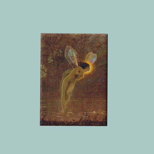 Magnet of a small painting of a nude figure with glowing wings on a light blue background