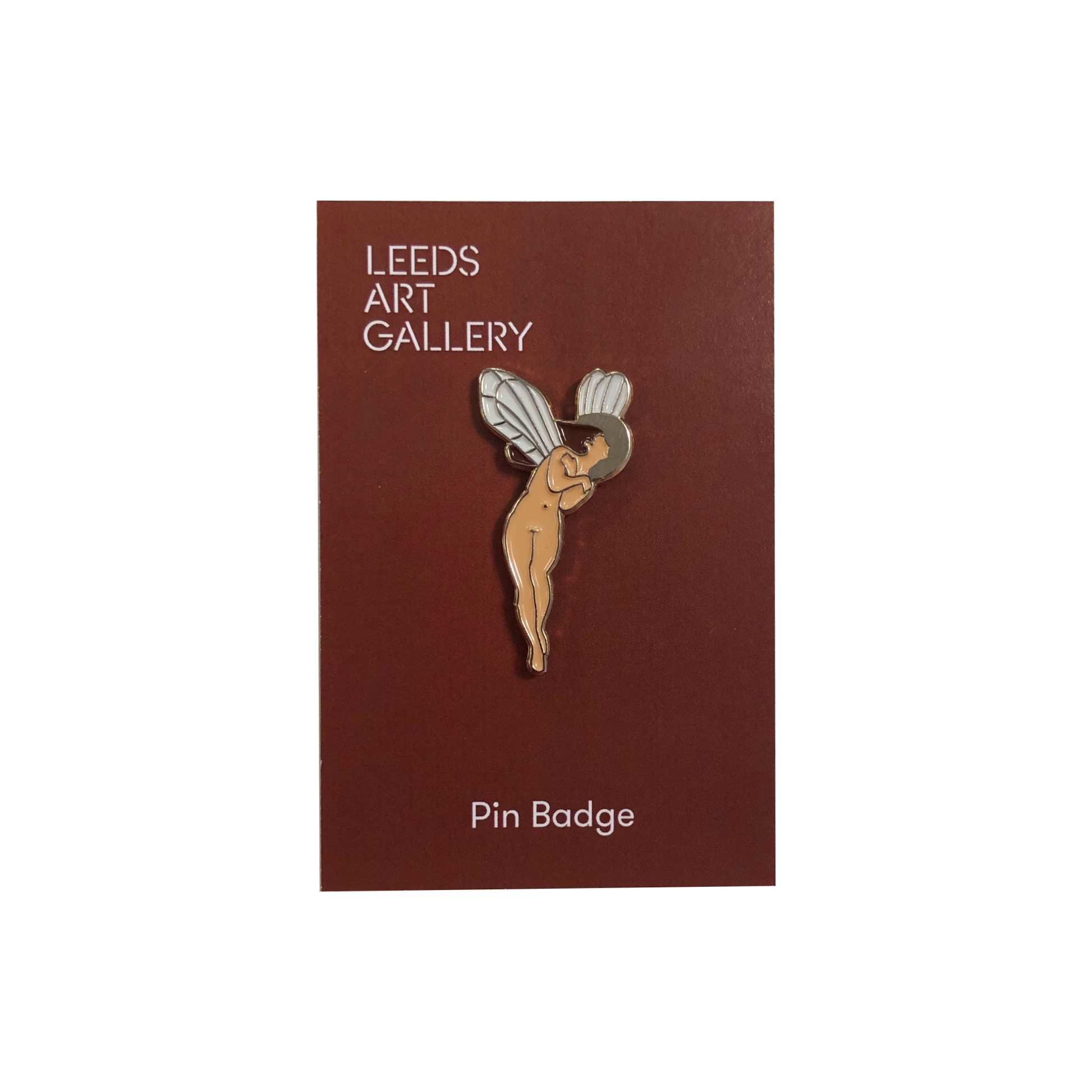 Enamel pin badge of Iris by John Atkinson Grimshaw on a Leeds Art Gallery brown backing card