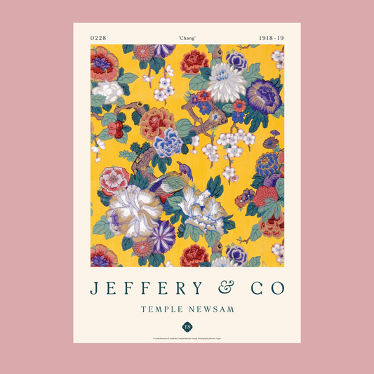 A poster featuring floral patterned wallpaper with a yellow background, from the collection of Temple Newsam.