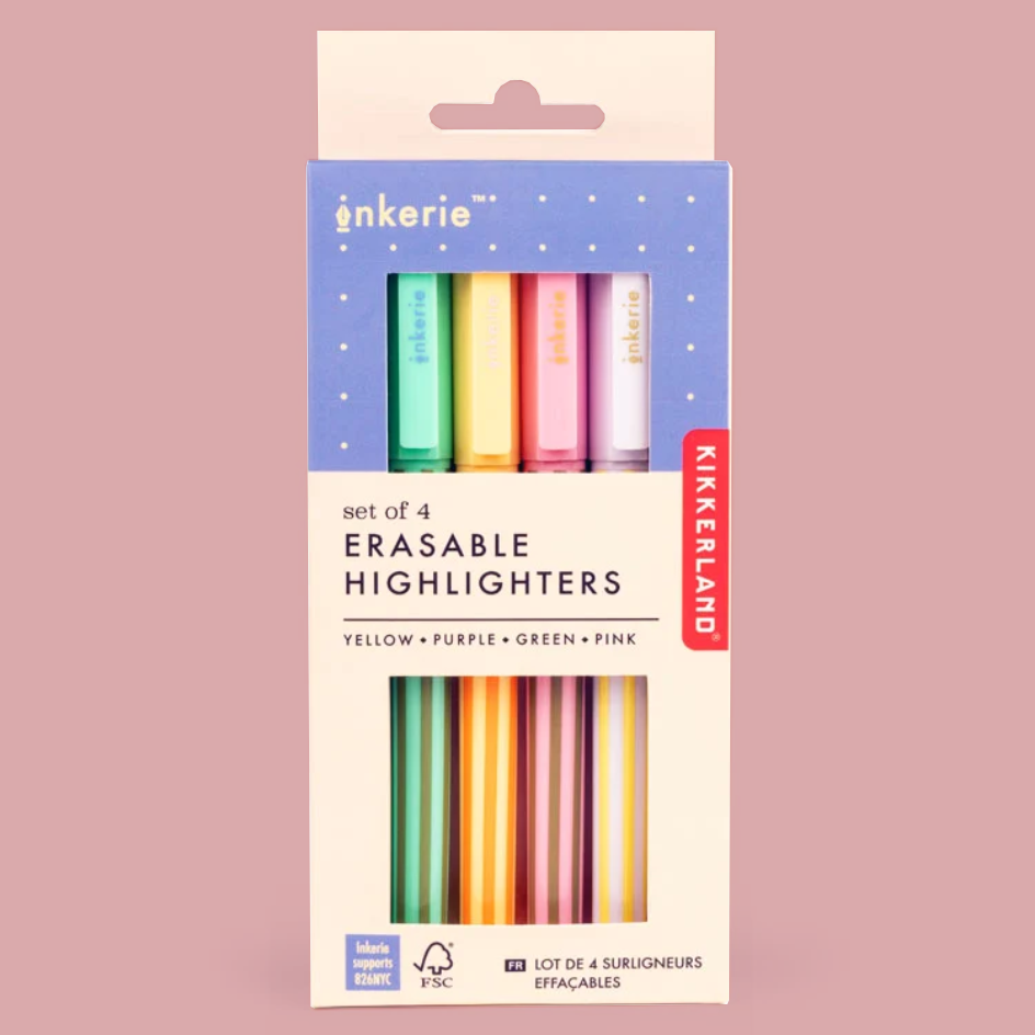 Kikkerland inkerie set of 4 erasable highlighters in yellow, purple, green, and pink, packaged in a white and blue cardboard box against a dusty pink background.
