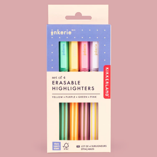 Kikkerland inkerie set of 4 erasable highlighters in yellow, purple, green, and pink, packaged in a white and blue cardboard box against a dusty pink background.