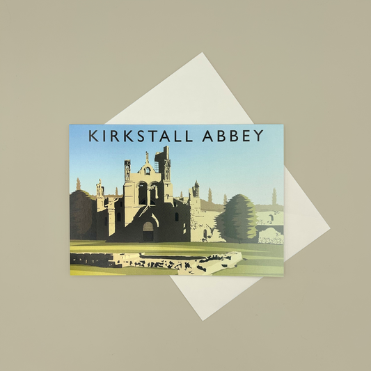 Greeting card with illustration of Kirkstall Abbey on a beige background