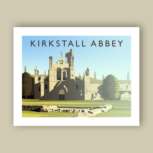 A print of Kirkstall Abbey featuring a detailed illustration of the abbey's ruins with a clear sky in the background. 
