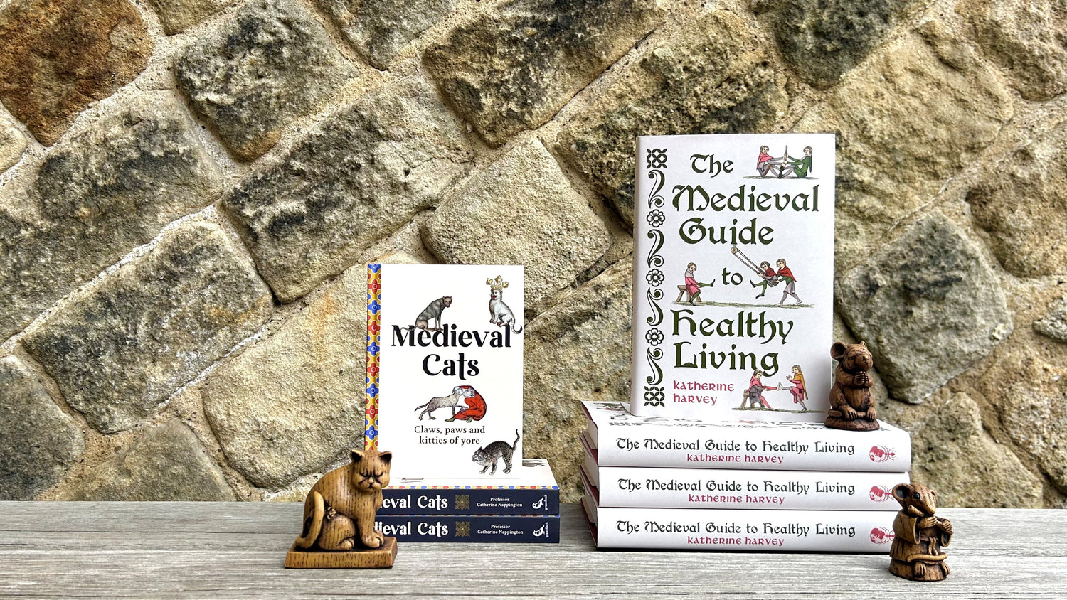 Two books, 'Medieval Cats' and 'The Medieval Guide to Healthy Living', displayed on a rustic stone wall background. One book is standing upright next to a small cat figurine, while the other is stacked on top of three more copies.