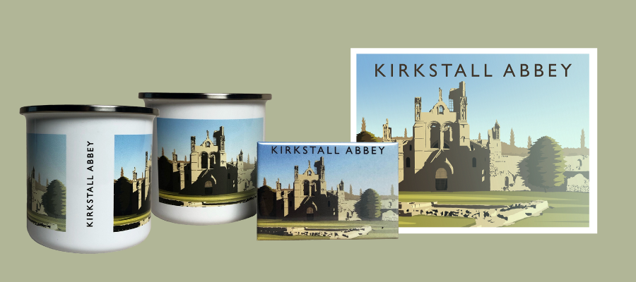 An enamel mug, a magnet, and a print featuring the facade of Kirkstall Abbey in Leeds.