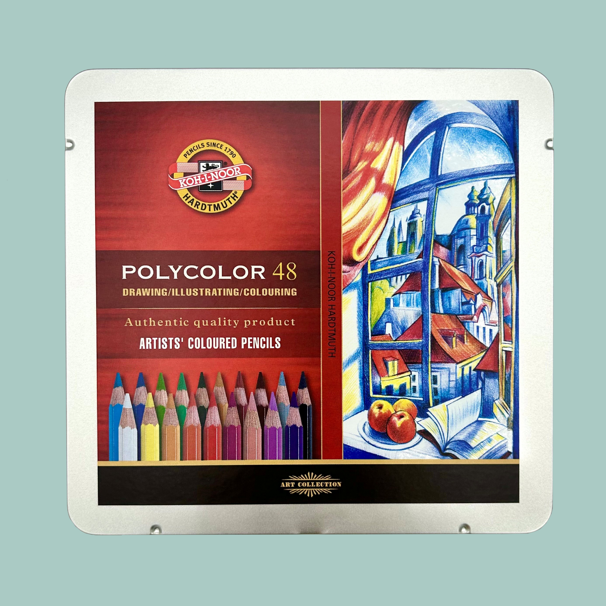 Polycolor 48 colored pencils set with a colorful illustration on the cover against a light blue background.
