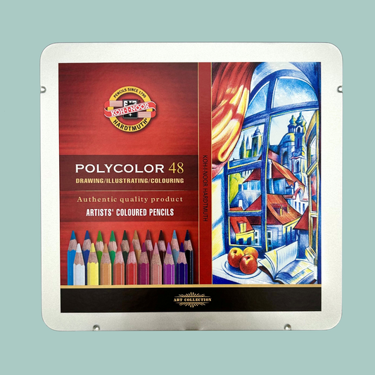 Polycolor 48 colored pencils set with a colorful illustration on the cover against a light blue background.