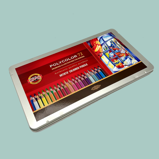 Koh-I-Noor Polycolor 72 colored pencils set on a light blue background