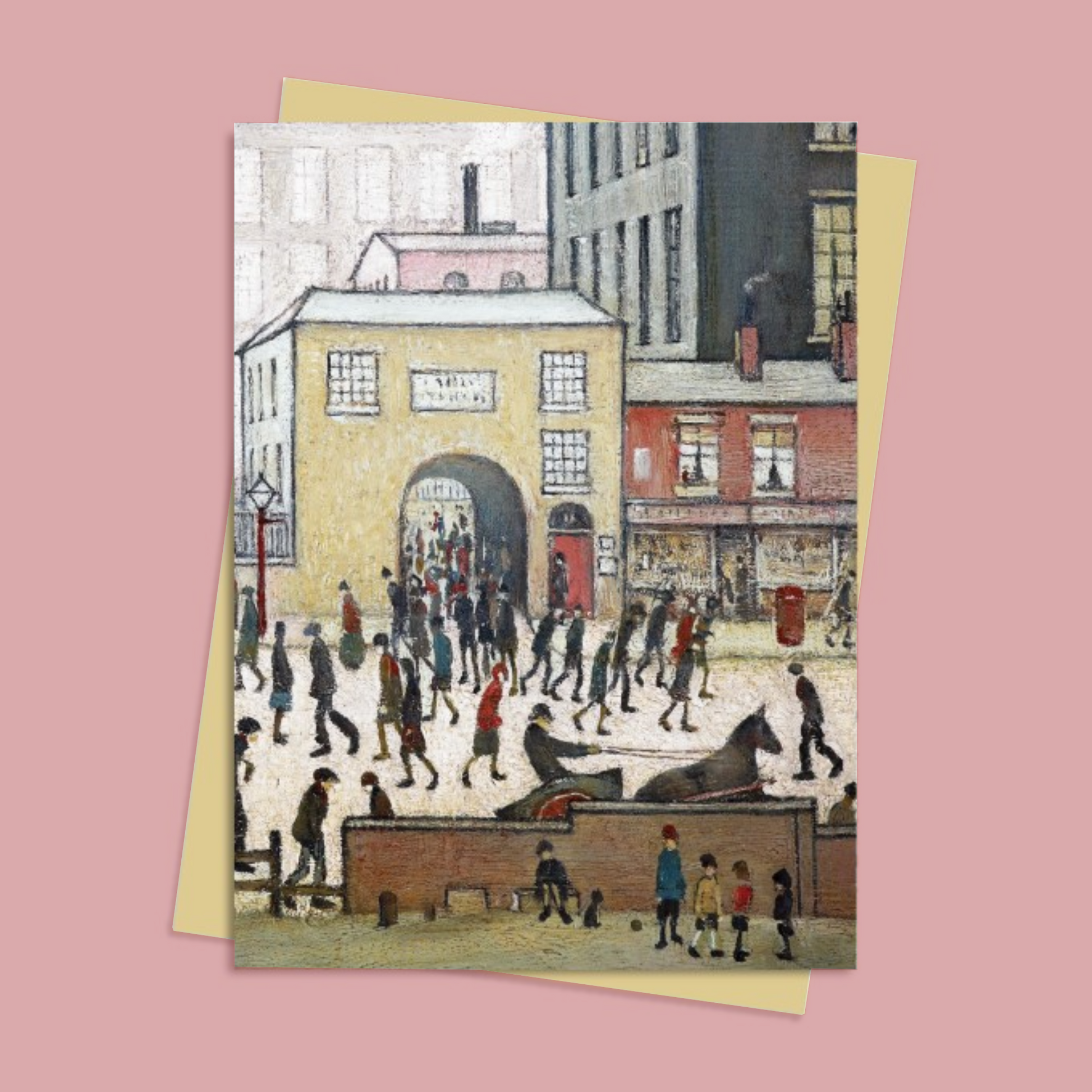 Greetings card with L.S. Lowry's 'Coming From The Mill' with a yellow envelope, on a pink background.