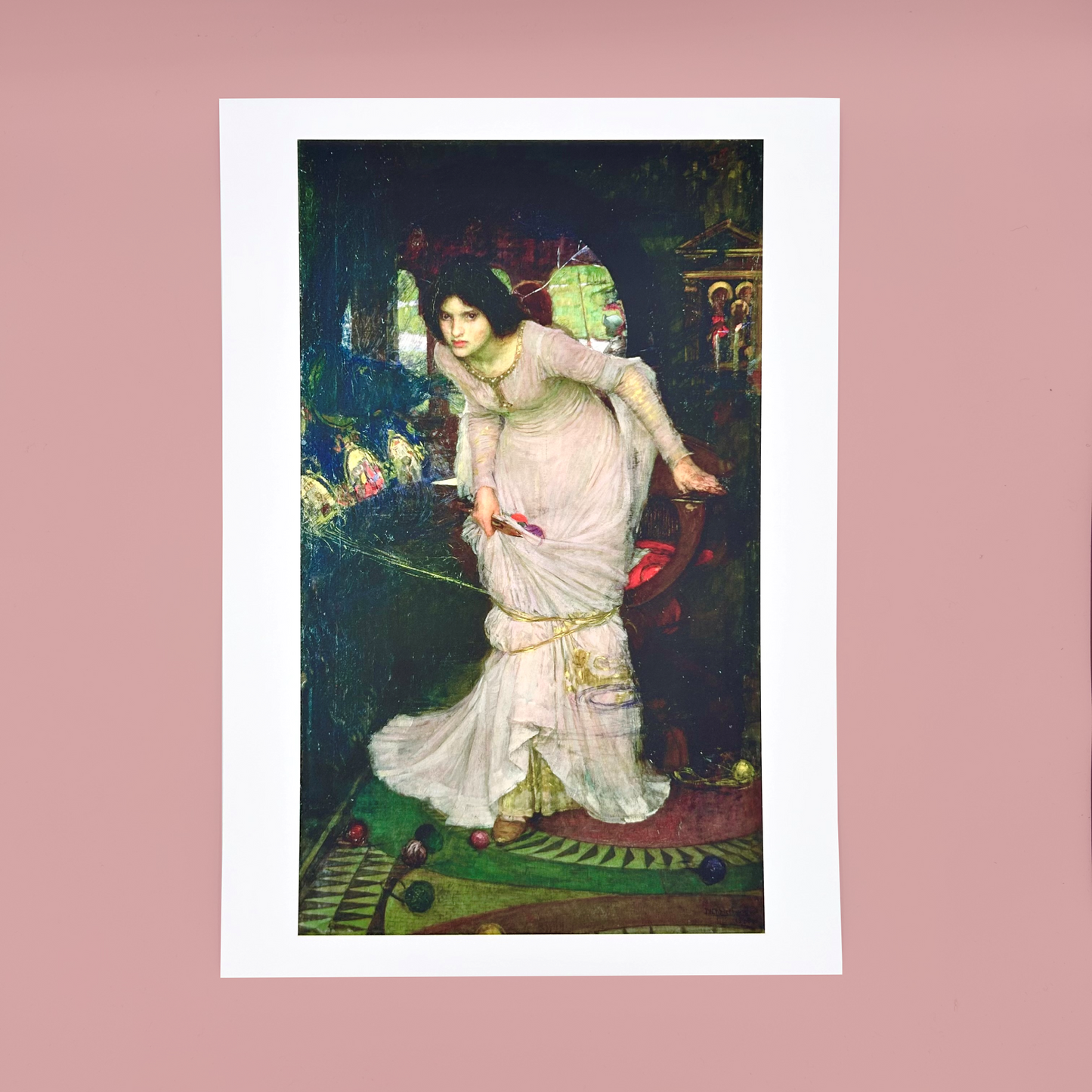 Print of an artistic depiction of a woman in a white dress with a dark background