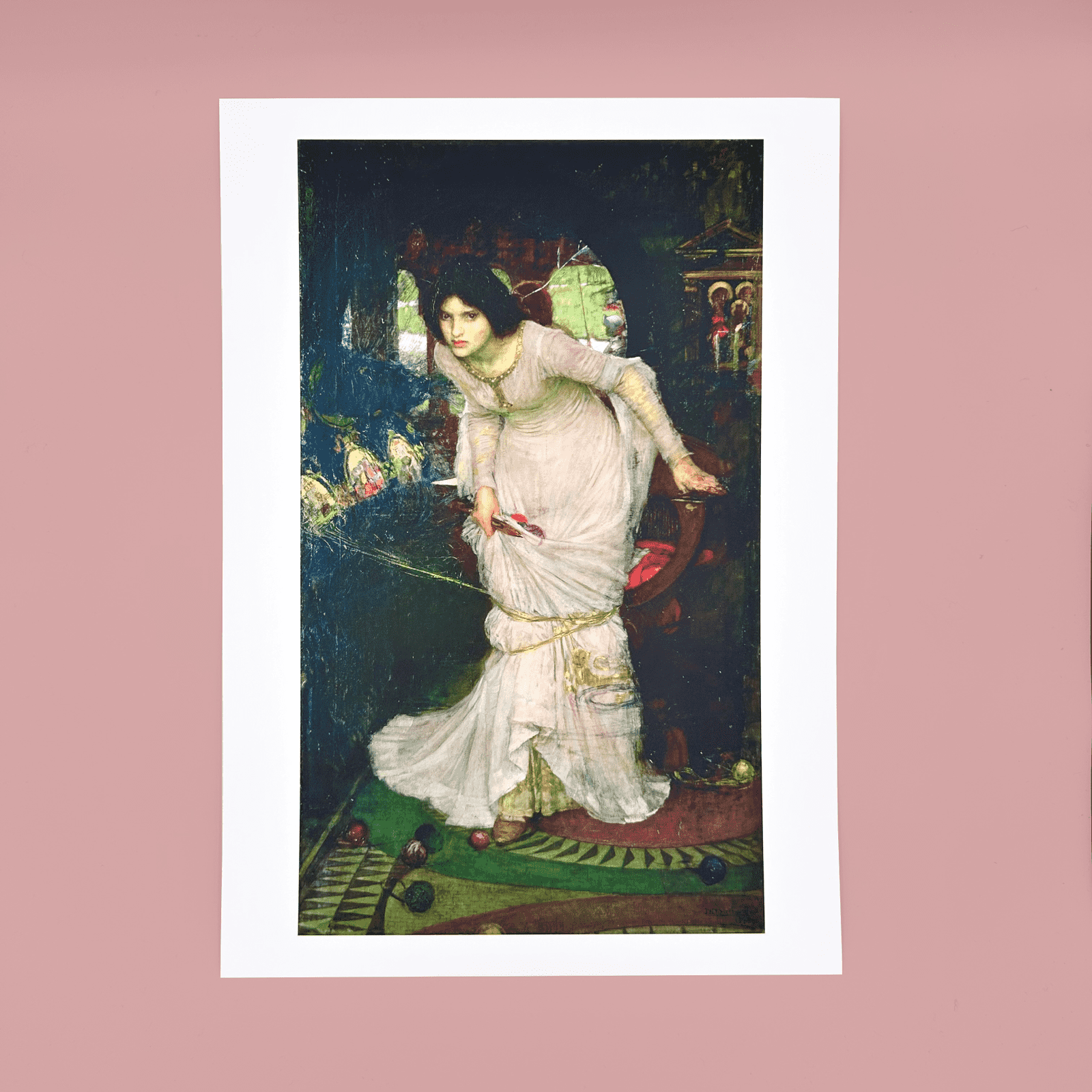 Print of an artistic depiction of a woman in a white dress with a dark background