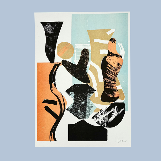 Abstract art print with geometric shapes on a light blue background